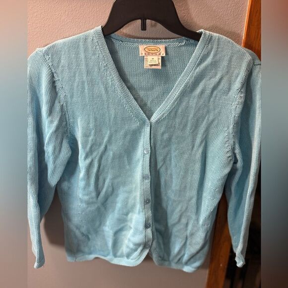 Talbots Petite Medium Mercerized Cotton Vneck Cardigan Size M Aqua Blue - Picture 3 of 5